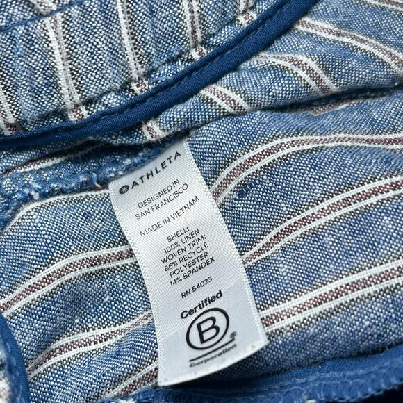 Athleta Cabo Linen Shorts Pull on Blue White Striped Drawstring Lightweight 4 - Picture 6 of 8